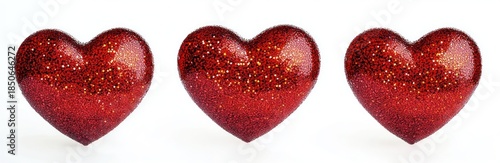 Wallpaper Mural Three red glitter hearts on white background, sparkling festive decorations conveying romantic and joyful emotion Torontodigital.ca