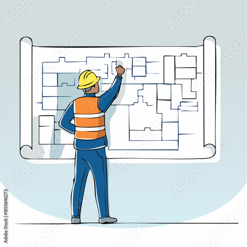 Single continuous line drawing of young company manager do quality control to sketch draft blueprint design. Building architecture business concept.