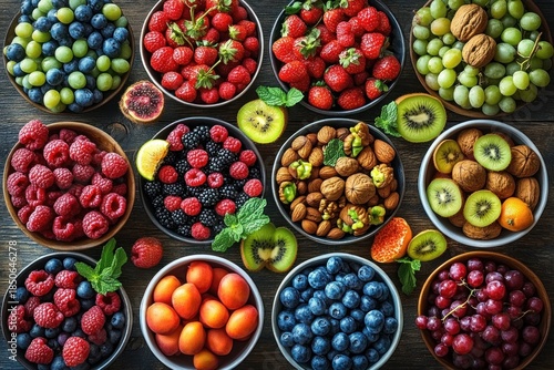 Wallpaper Mural Top view of colorful bowls filled with strawberries, raspberries, blueberries, blackberries, grapes, kiwi, apricots, citrus and mixed nuts, fresh and abundant Torontodigital.ca