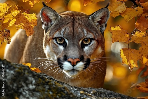 Wallpaper Mural Stealthy wild cat with tufted ears peeking over a rock amid golden autumn leaves, alert and curious Torontodigital.ca
