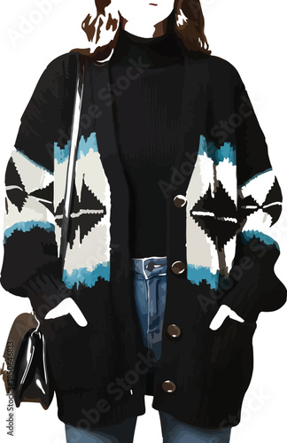 Woman in oversized patterned cardigan with hands in pockets against beige backdrop