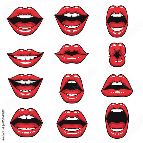 Vibrant vector collection of red lips in various expressive and emotional poses.