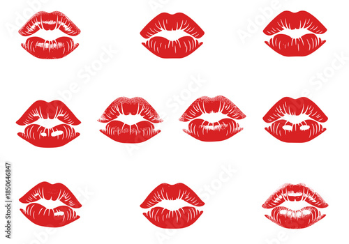 Various red lipstick kiss marks, showcasing different styles and textures.