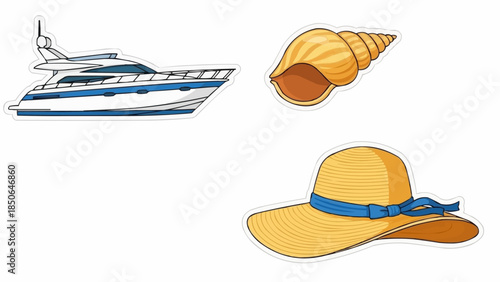 Luxury Yacht Seashell and Sun Hat Summer Vacation Elements.