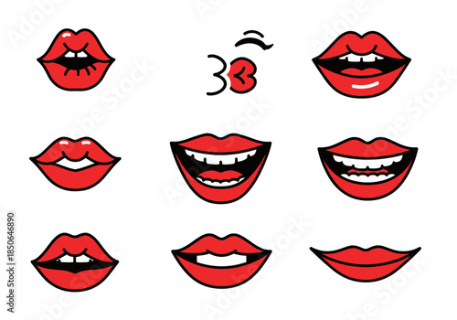 Line art collection of red lips with various expressions and a blowing kiss gesture.