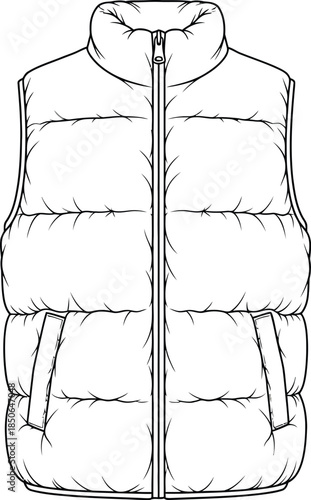 Puffer vest technical drawing showcasing design details for fashion illustration