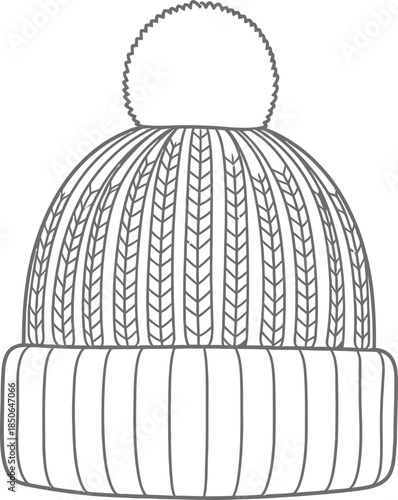 Knitted winter hat with pompom in outline style for coloring book or design use