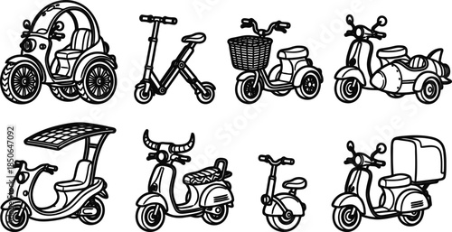 Set of various scooters and electric vehicles for transportation and recreation
