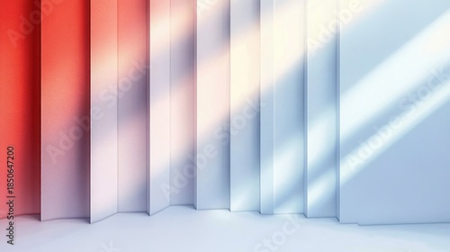 Minimalist interior with vertical folded panels, warm red to cool blue gradient light and diagonal shadow beams, modern tranquil and airy atmosphere