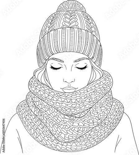 Woman with closed eyes wearing a winter hat and scarf coloring page design