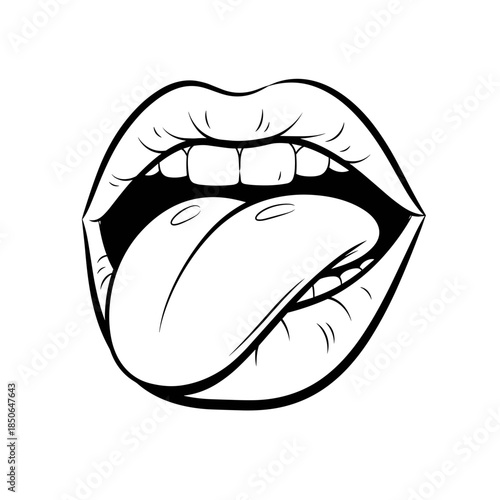 Open Mouth with Tongue Sticking Out Line Art Illustration, Black and White Drawing of Playful Expression