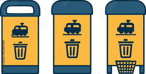 Three Yellow Trash Bins with Train Icons for Waste Disposal