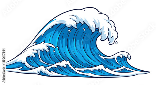 Large Powerful Cartoon Ocean Wave Vector Illustration, Intense Blue Sea Water and White Foam