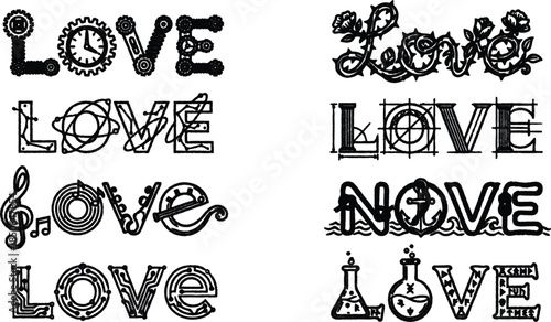 Various typographic designs of the word love in different styles and fonts