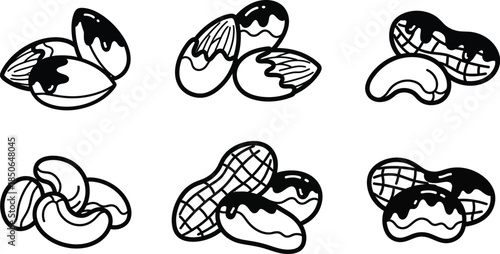Assorted nuts in black and white outline style for healthy snack concepts