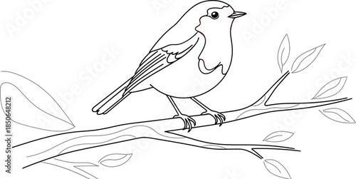 Red robin perched on a branch with leaves in a simple line drawing style