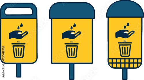 Three Yellow Trash Cans with Hand Washing Symbols