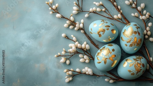 serene arrangement of turquoise eggs with gold floral leaf accents nestled among pussy willow branches on a textured teal background