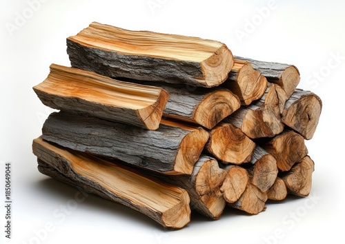 neatly stacked split firewood logs with rough bark and warm golden grain, rustic cozy warmth and texture