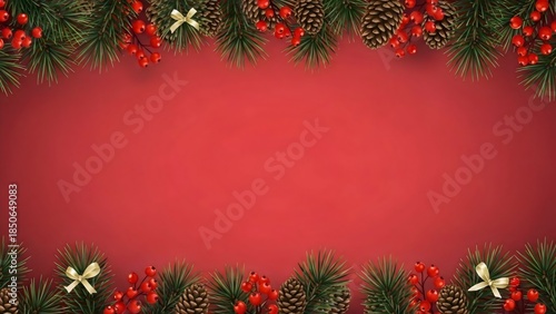 Festive Christmas Border with Pine Needles, Pinecones, and Holly Berries on a Red Background