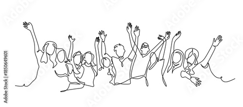 Cheerful Crowd Illustration Cheering Raising Hands, Applause, Continuous One Line Vector Drawing for Celebration and Event Design