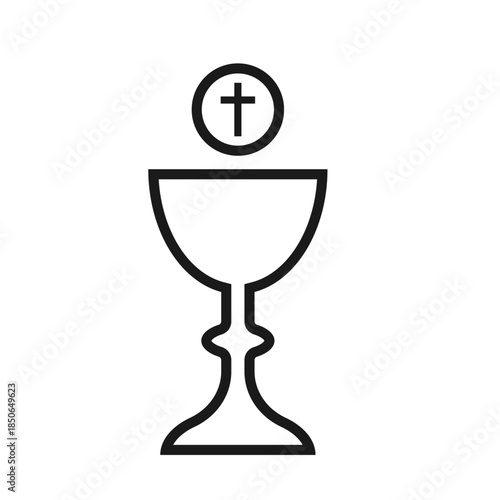 Communion cup symbol. Christianity sign. Eucharist sacrament chalice and bread. Holy grail icon. Vector illustration image.