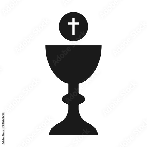 Communion cup symbol. Christianity sign. Eucharist sacrament chalice and bread. Holy grail icon. Vector illustration image.