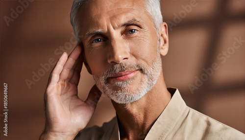 Mature Man With Gray Hair And Beard Pondering Deeply.
