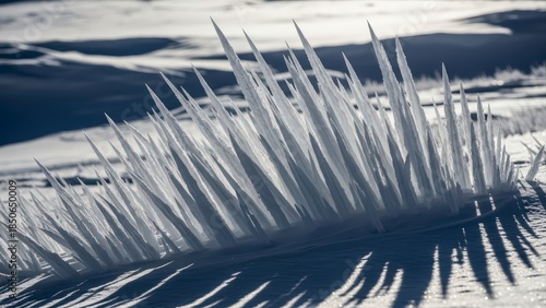 Close-up of penitentes ice formations in a high-altitude snowy landscape.