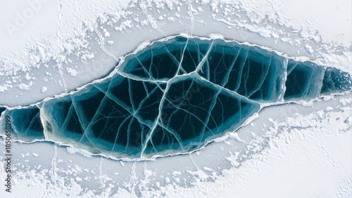 Intricate patterns of deep blue ice cracks surrounded by pristine white snow.