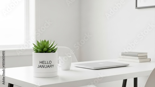 Minimalist Home Office Desk with Succulent Plant and Laptop.