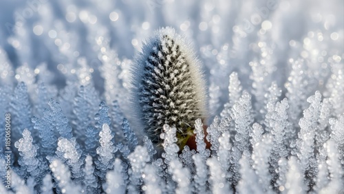 Close-up of a pine cone covered in delicate frost surrounded by icy foliage.