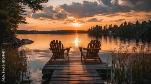 Two wooden lounge chairs on a lakeside dock at sunset with golden sky, calm reflective water, distant tree-lined shore and reeds conveying peaceful serenity