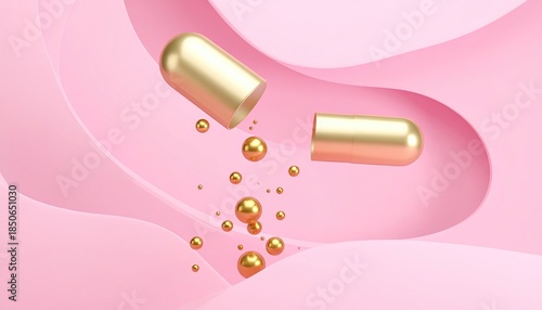 3D Render Of Golden Capsule Spilling Spheres On Pink Wavy Background