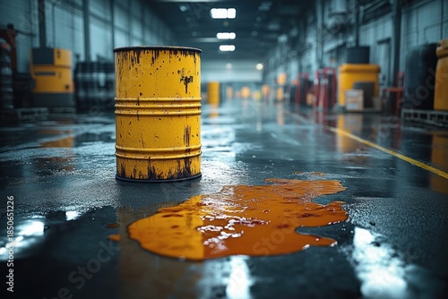 Rusted yellow metal drum leaking bright orange liquid onto a wet reflective factory floor inside a dim industrial warehouse, creating a tense hazardous atmosphere