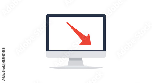 red downward arrow icon on desktop computer monitor screen simple flat vector illustration for website analytics decline concept