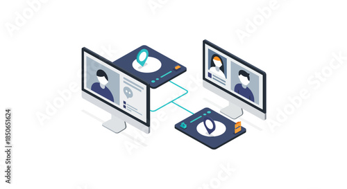 remote team video conference connection on desktop computers with digital profiles and location pins illustrating online collaboration