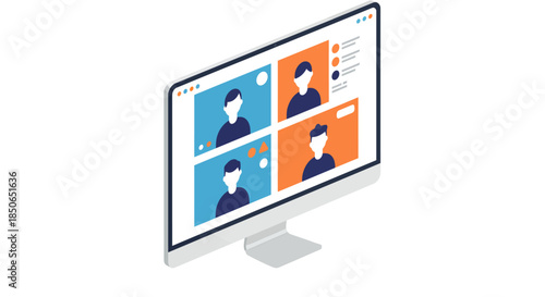 remote video conference call illustration on desktop computer screen isometric online meeting interface for virtual teamwork and webinars
