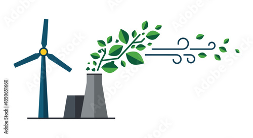 renewable energy wind turbine and factory chimney with green leaves symbolizing clean power transition and sustainable future concepts