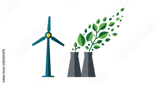 renewable energy wind turbine and green plant leaves emerging from factory chimneys illustrating clean power transition concept