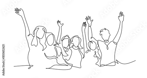 Cheerful Crowd Illustration Cheering Raising Hands, Applause, Continuous One Line Vector Drawing for Celebration and Event Design