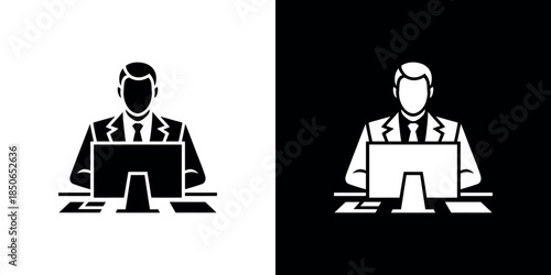 A monochrome depiction of a person working at a computer workstation