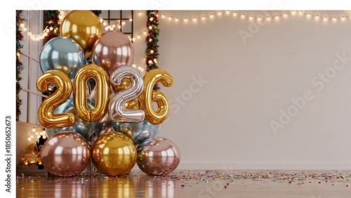 2026 New Year balloon party, stylish 2026 New Year balloon party decoration, luxury 2026 New Year balloon party background copy space