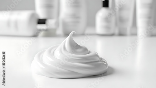 Close up of white cosmetic cream swirl on reflective surface with blurred bottles in background.