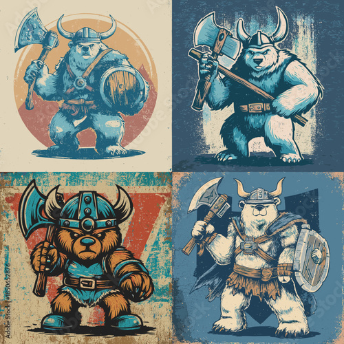 Vintage style Viking minotaur warriors illustrated with axes and shields using bold textures and heroic poses for fantasy mascots and retro poster designs.