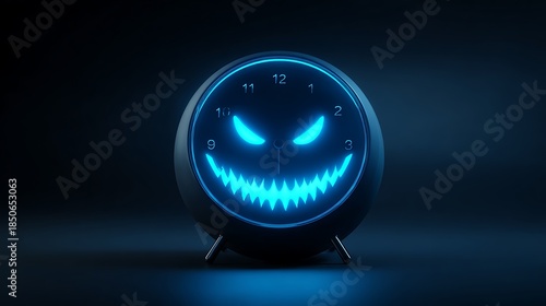 Sinister glowing blue alarm clock face with sharp teeth and evil eyes against a dark background