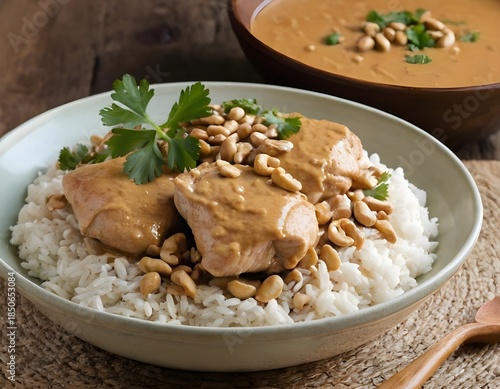 thai-inspired peanut chicken thights with rice in a bowl