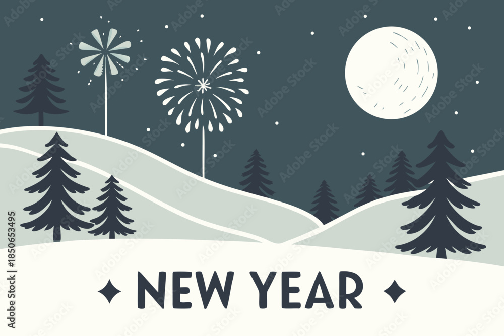 Naklejka premium Snowy Hills with Moon and Fireworks New Year Banner 