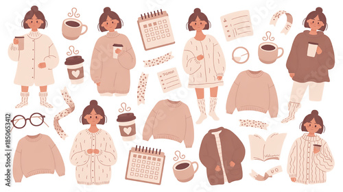 Cozy autumn illustration set featuring women in warm sweaters coffee cups and seasonal elements perfect for lifestyle blogs and seasonal promotions