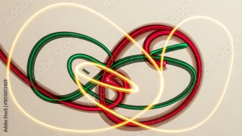 Abstract Light Painting with Red and Green Wires on a White Background.
